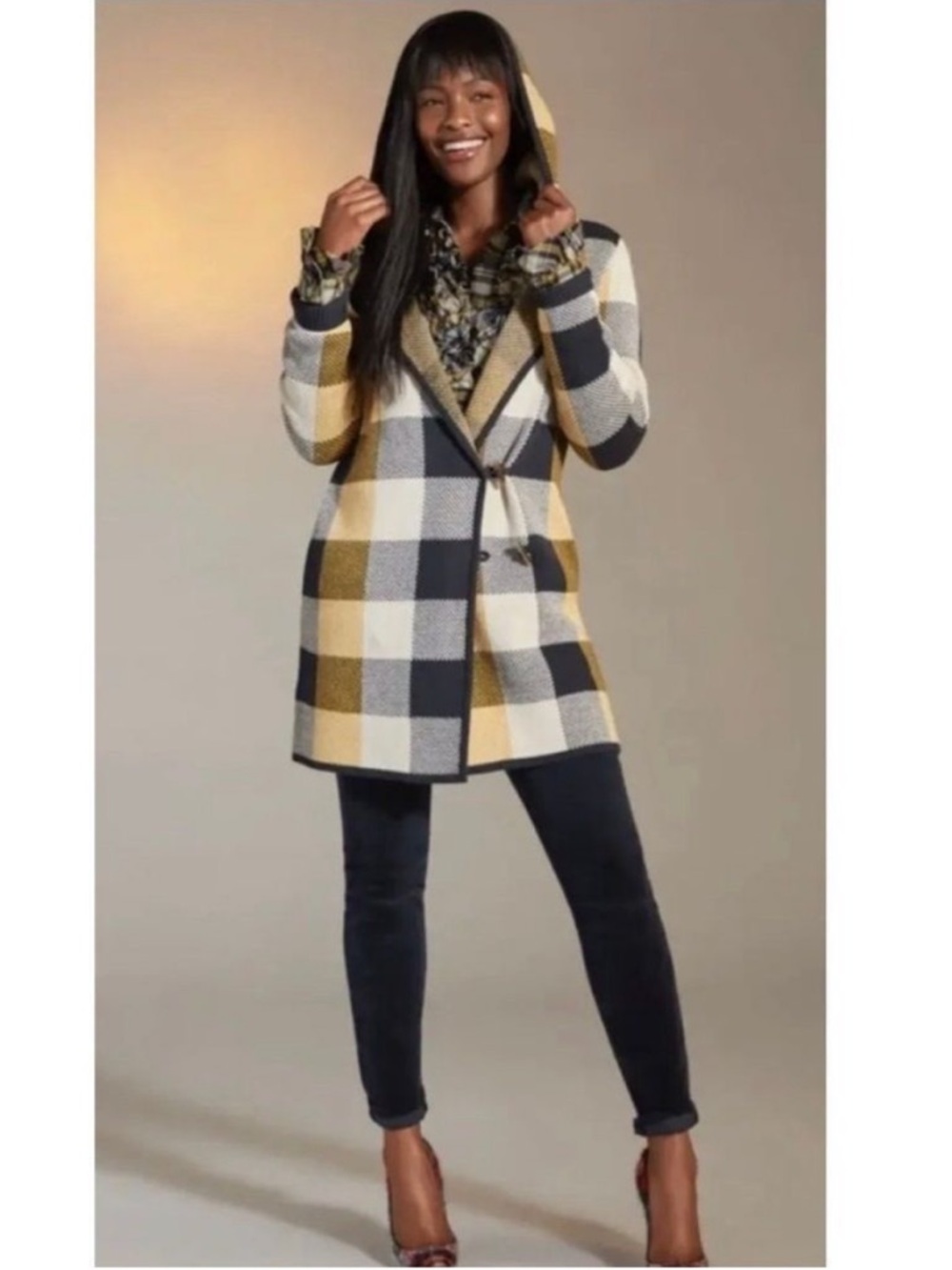 Cabi Hooded Sweater Coat Plaid Buffalo Check Yellow Blue Fall Boho Cozy 4229
